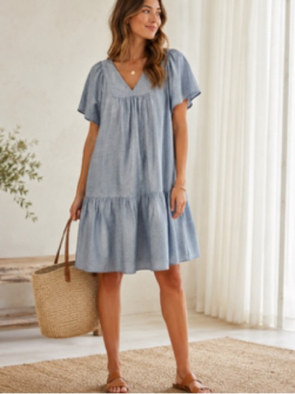 Women's linen blend chambray dress uk 12 Us 8 boho travel cottage core